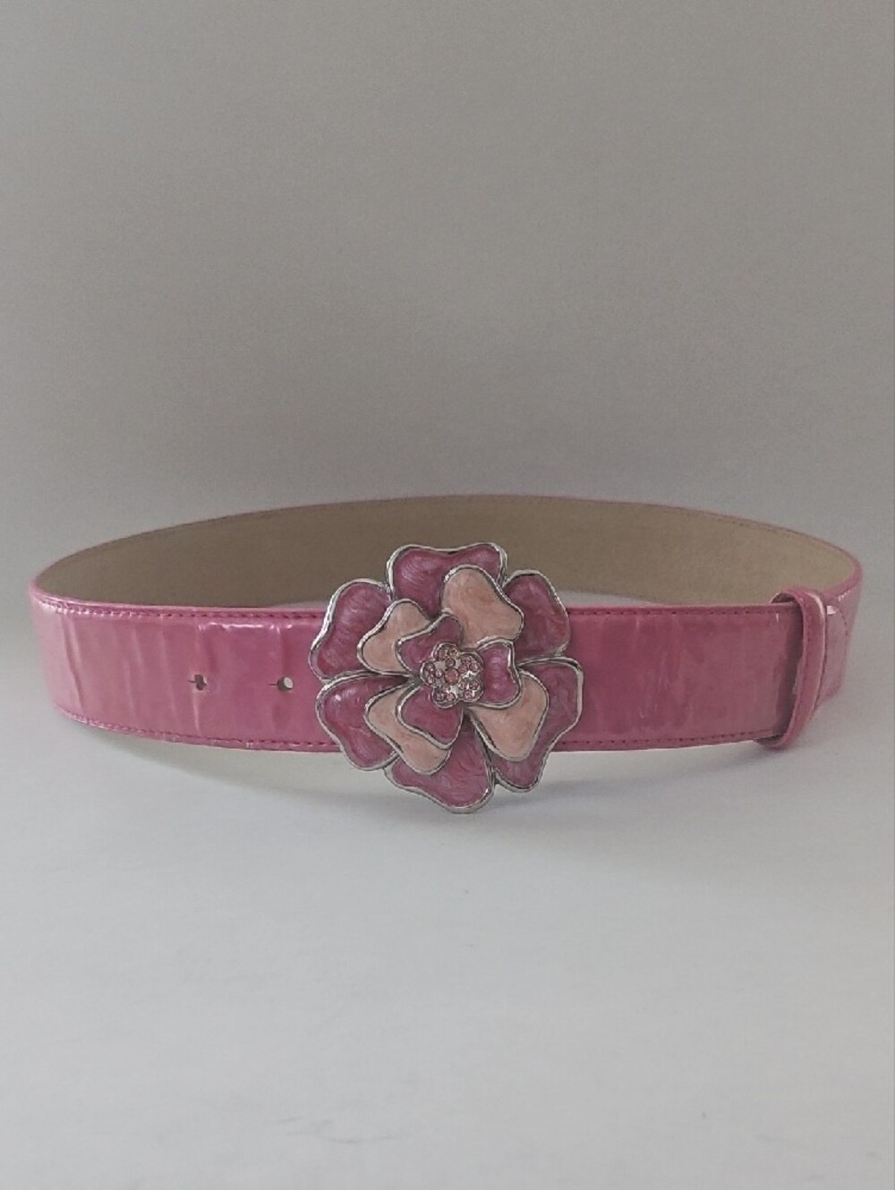 Pink Patent Leather Belt with Enamel Rhinestone Floral Buckle Small - Picture 2 of 7